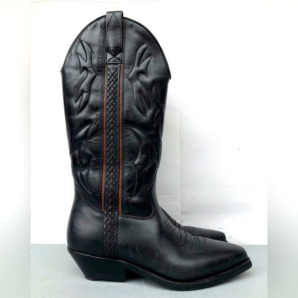 COLE HAAN COUNTRY Black Leather Cowboy Boots Braided Detail - Picture 1 of 9